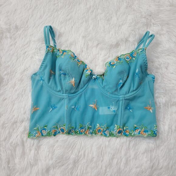 Sky Blue Fairycore Bustier with Embroidered Dragonflies Womens Sz L - Picture 1 of 8